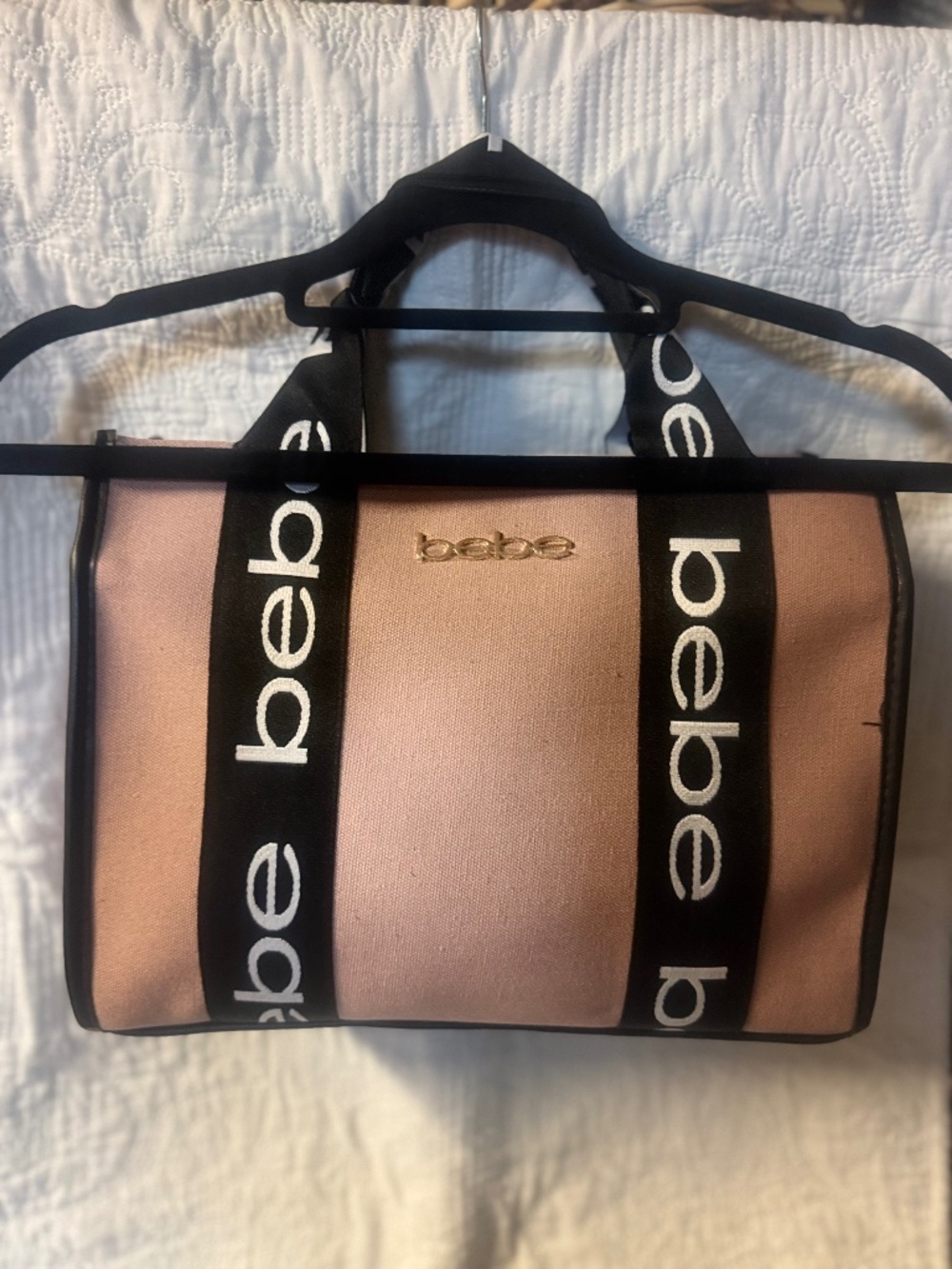 BEBE BLUSH CANVAS TOTE WITH BLACK LOGO STRAPS